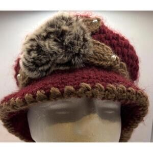 Crochet  Women Winter Knit Beanies Cap Flower Burgundy Red Grandma Chic